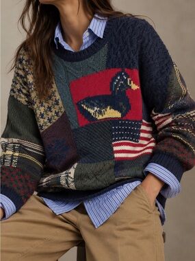 Rare 90’s Vintage Nautica Men's Patchwork Crewneck Hand Knit 🧶 Cotton Sweater